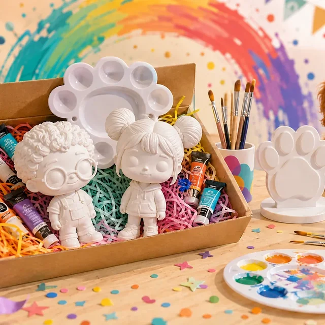 Kit de figura individual con dos personajes ficticios de muestra, pinturas y pinceles