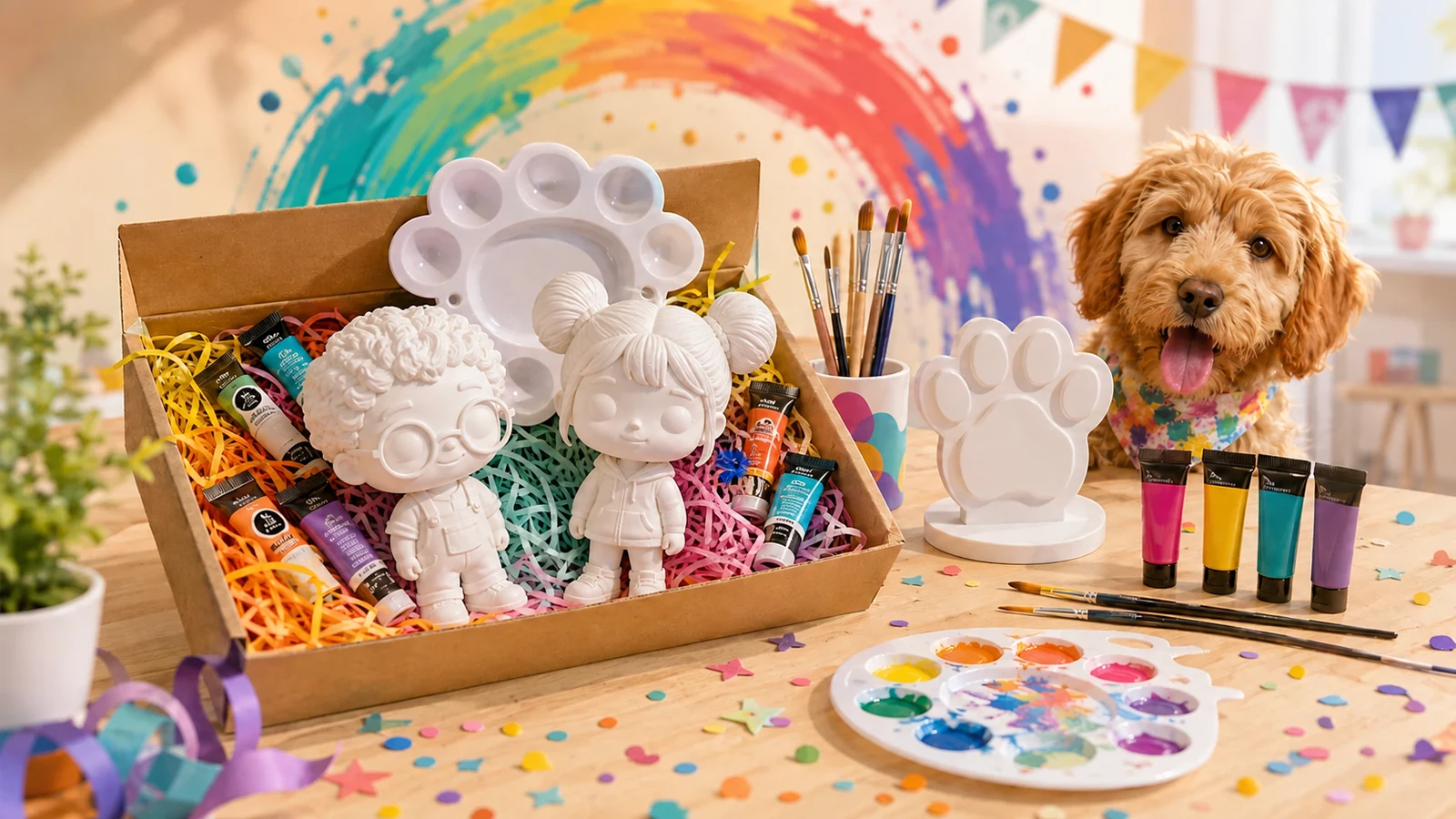 Escena creativa FUN-KOLOREA con dos figuras ficticias de muestra, kit de pintura y confeti de colores