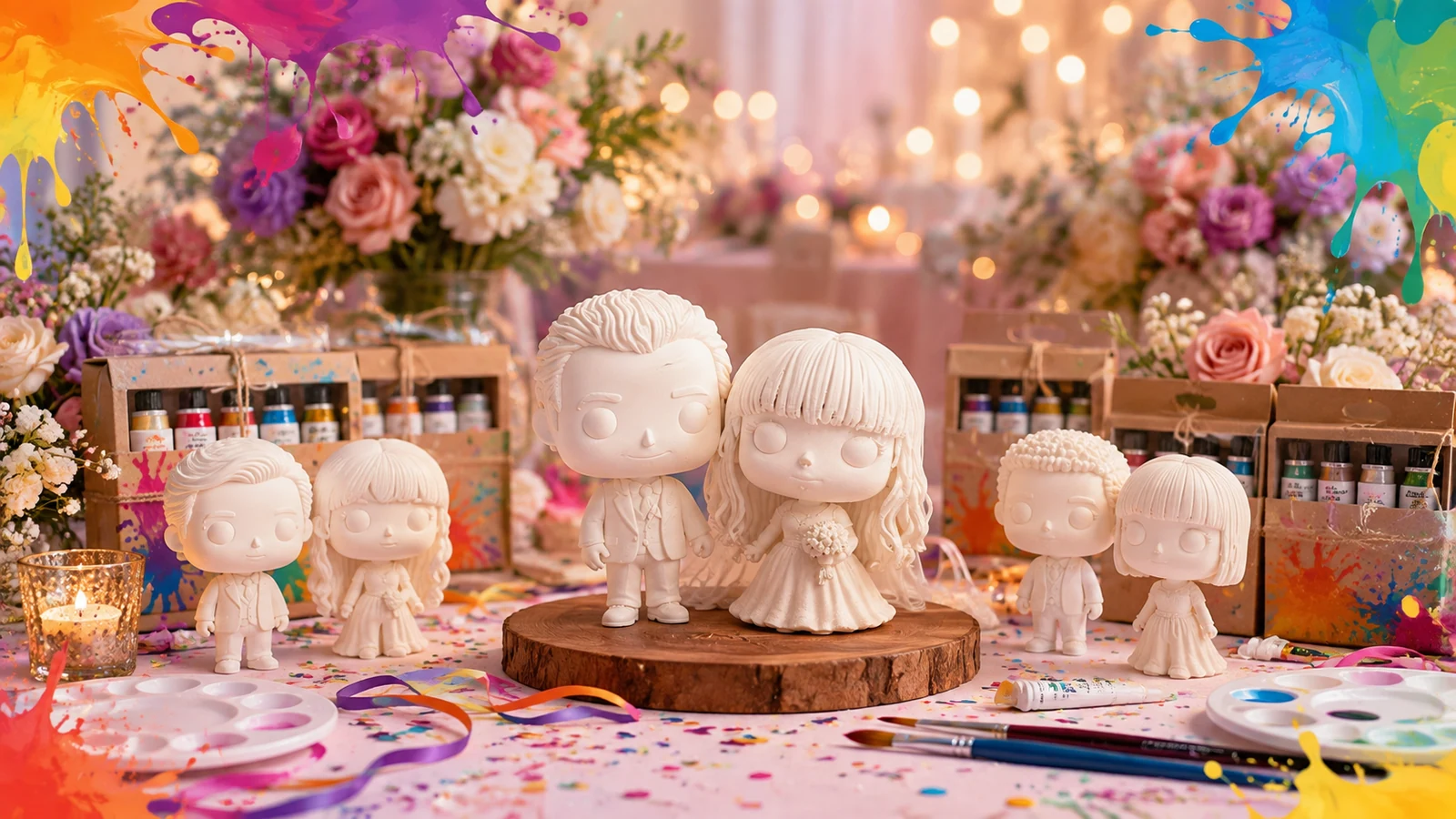 Escena de boda con figuras 3D para pintar, flores y confeti de colores