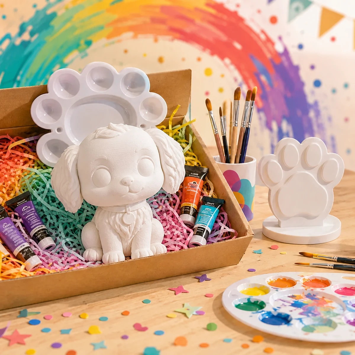 Figura de perro impresa en 3D lista para pintar en el kit FUN-KOLOREA